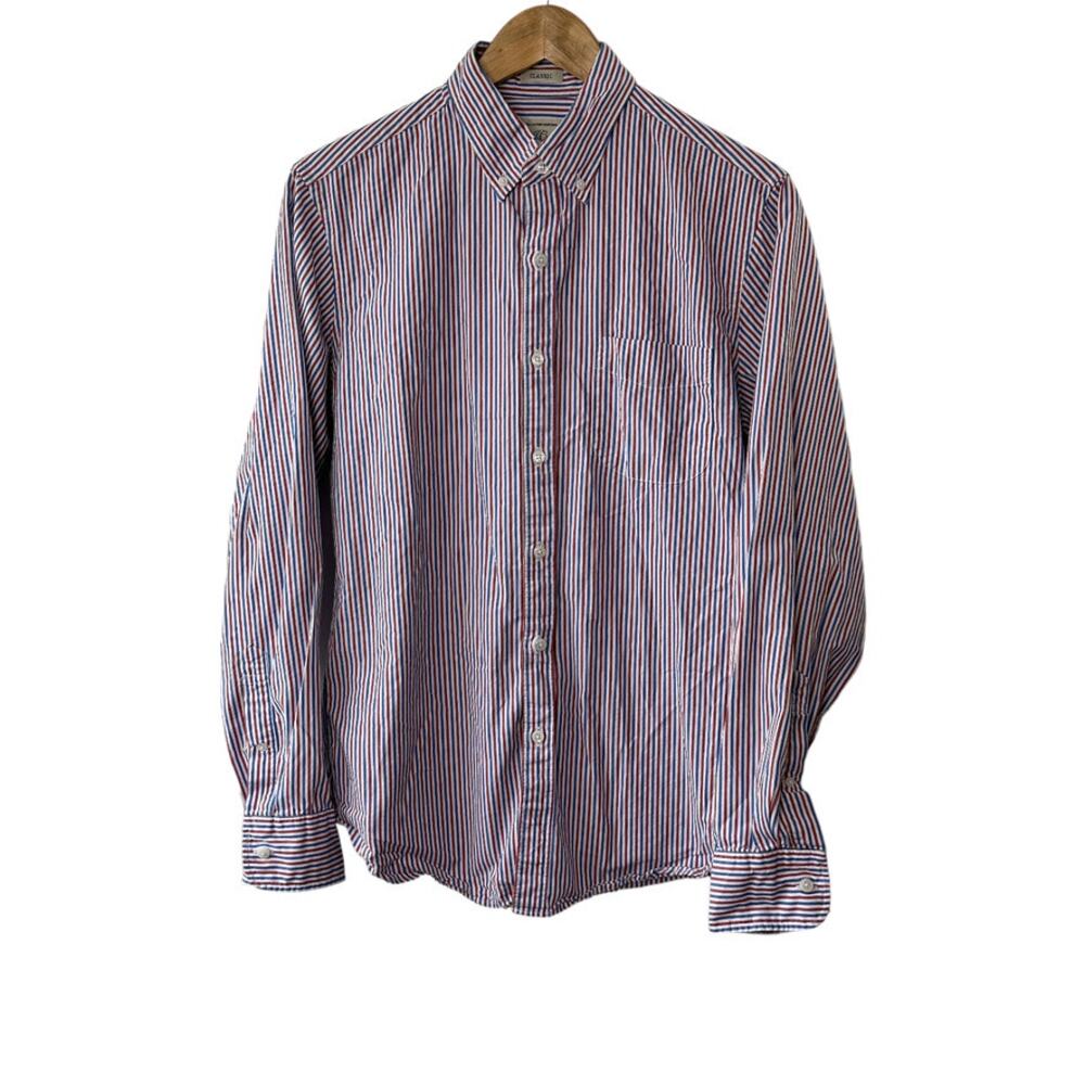 J. Crew Classic Fit Red & Blue Pin-Stripe Long Sleeve Button-Up Shirt Mens Small